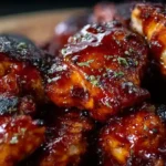 Close-up of Sweet Baby Ray’s Crockpot Chicken covered in glossy, caramelized BBQ sauce with tender, juicy pieces sprinkled with herbs