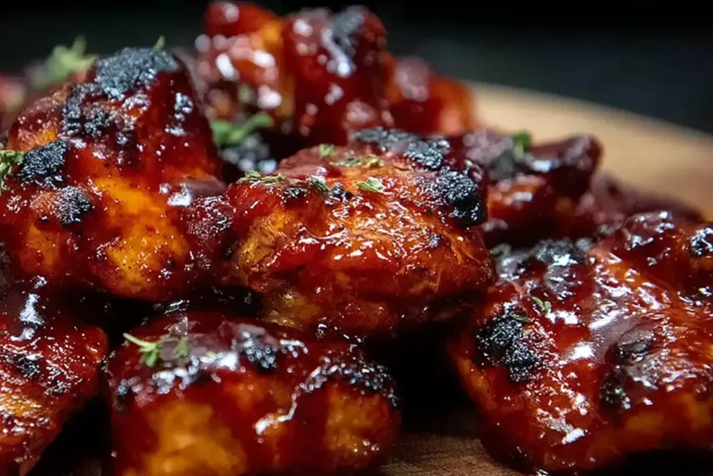 Sweet Baby Ray’s Crockpot Chicken coated in rich, caramelized BBQ sauce with tender, juicy pieces glistening on a wooden platter