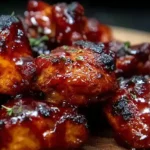 Sweet Baby Ray’s Crockpot Chicken coated in rich, caramelized BBQ sauce with tender, juicy pieces glistening on a wooden platter