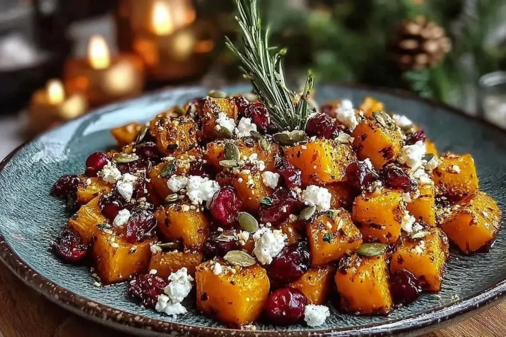 Crispy Honey Roasted Butternut with Cranberries topped with feta, pumpkin seeds, and fresh herbs on a festive holiday plate.