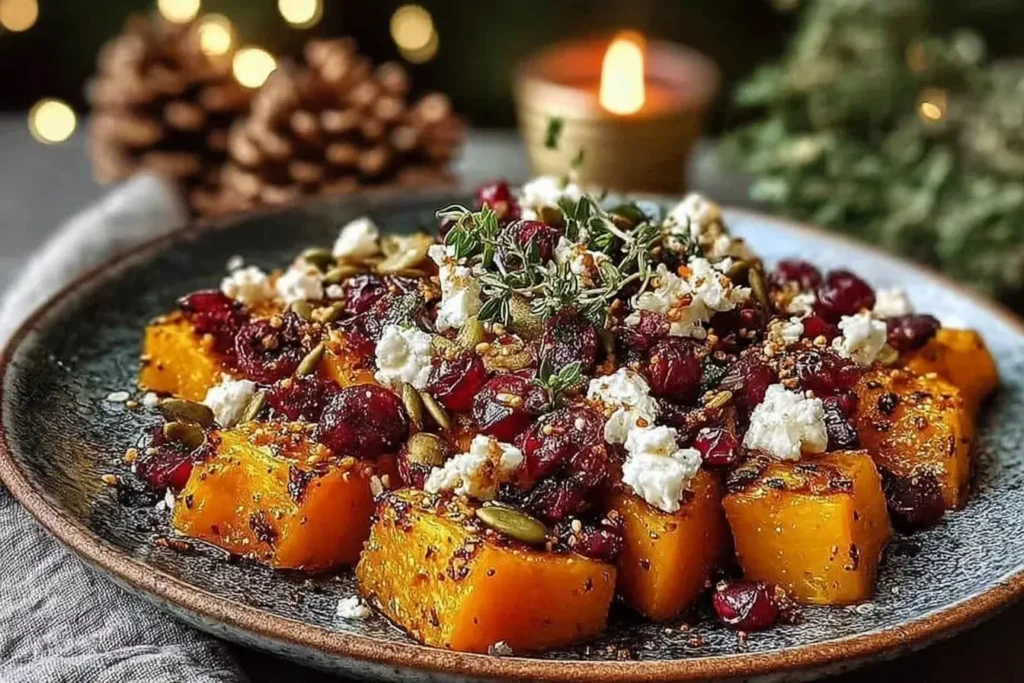 Crispy Honey Roasted Butternut with Cranberries topped with feta and pumpkin seeds on a festive holiday plate.
