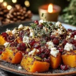Crispy Honey Roasted Butternut with Cranberries topped with feta and pumpkin seeds on a festive holiday plate.
