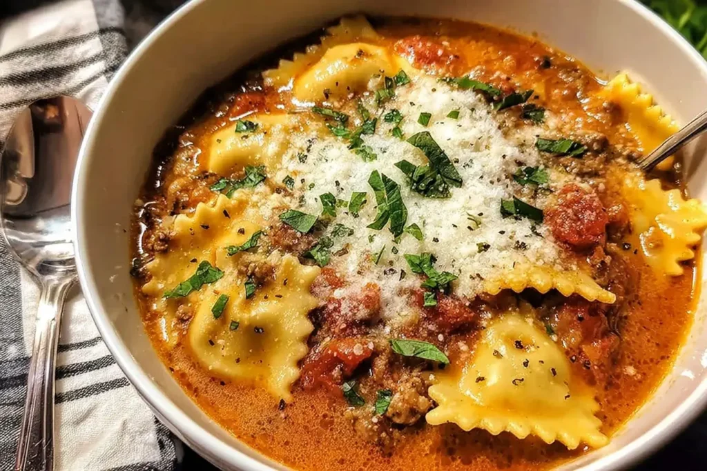 Creamy Lasagna Soup with tender noodles, ground meat, and Parmesan topped with fresh herbs in a white bowl