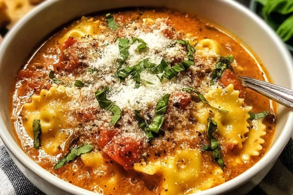 Creamy Lasagna Soup topped with fresh basil and Parmesan in a white bowl