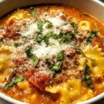 Creamy Lasagna Soup topped with fresh basil and Parmesan in a white bowl