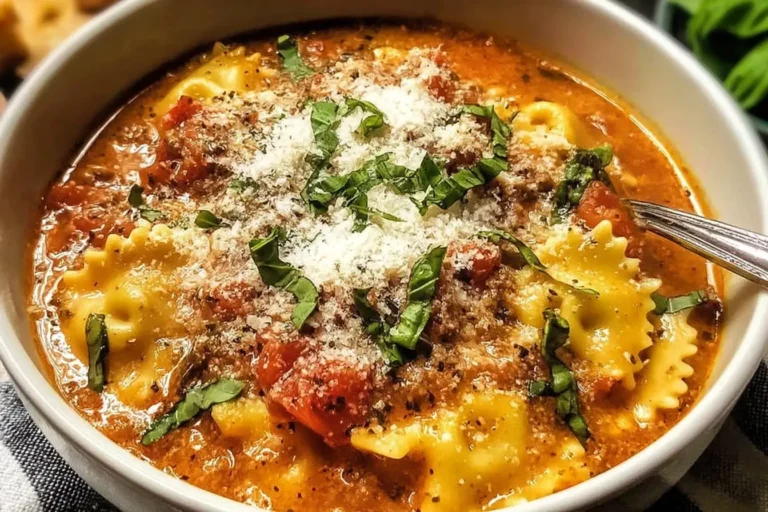 Creamy Lasagna Soup topped with fresh basil and Parmesan in a white bowl
