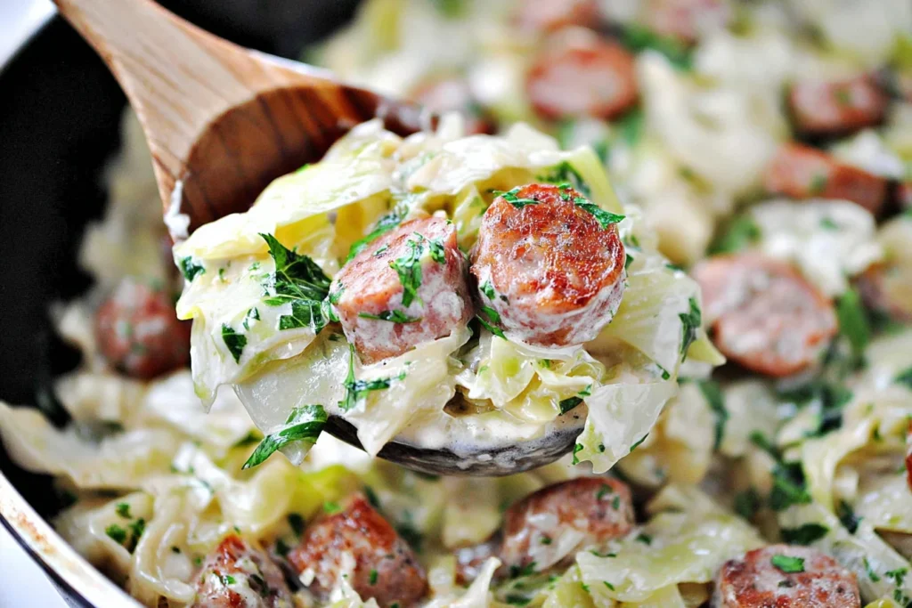 Spoonful of Keto TikTok Cajun Sausage Cabbage Alfredo with creamy cabbage, browned Andouille sausage, and parsley in a rich Parmesan sauce.