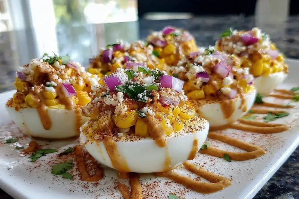 Elote Deviled Eggs topped with sweet corn, cotija cheese, red onion, cilantro, chili powder, and a drizzle of smoky chipotle mayo on a white platter.