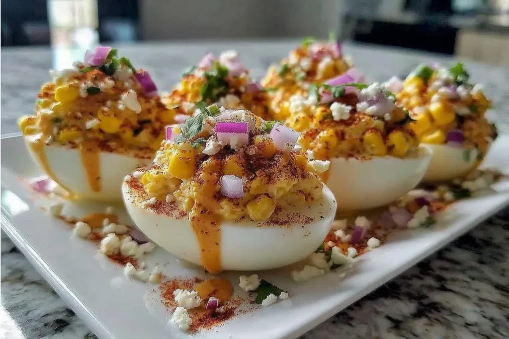 Elote Deviled Eggs topped with sweet corn, cotija cheese, red onion, cilantro, chili powder, and chipotle mayo on a white serving plate.