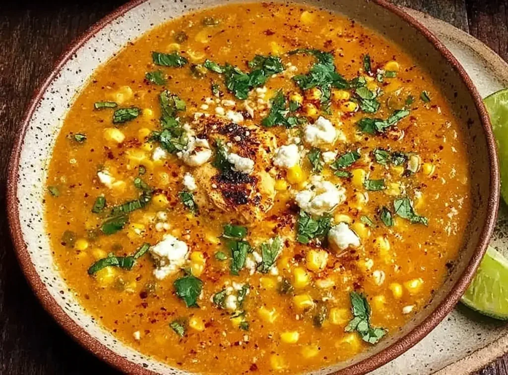 Street Corn Chicken Chili Recipe topped with cilantro, cotija cheese, and roasted corn in a rustic bowl.