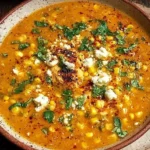 Street Corn Chicken Chili Recipe topped with cilantro, cotija cheese, and roasted corn in a rustic bowl.
