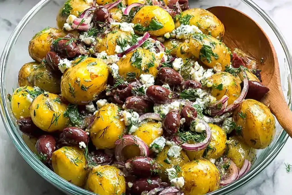 Homemade Greek Potato Salad made with tender baby potatoes, kalamata olives, red onion, fresh dill, and crumbled feta tossed in a tangy olive oil vinaigrette.