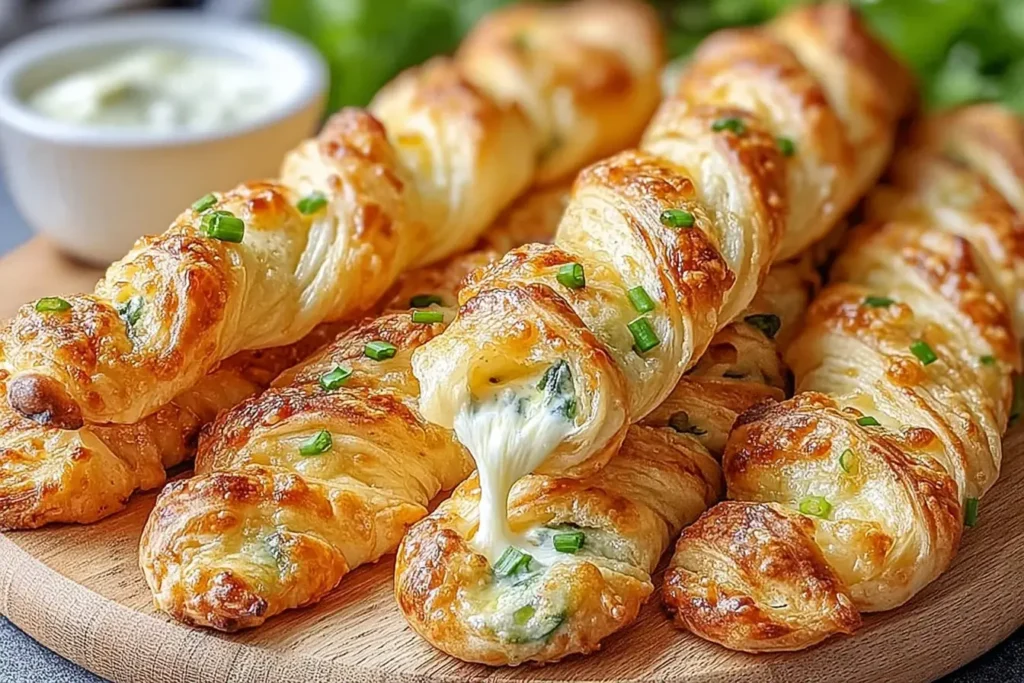 Cheesy Jalapeno Popper Twists with melted filling stretching from a flaky pastry twist on a wooden board.