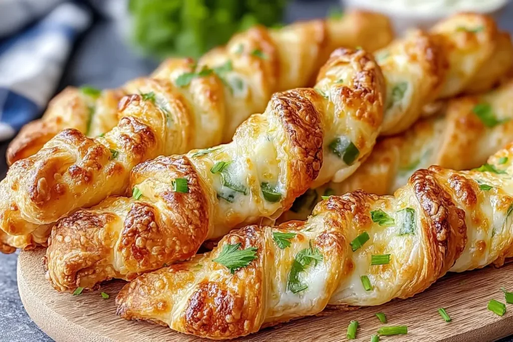 Golden, flaky Jalapeno Popper Twists topped with melted cheese and fresh herbs on a wooden board.