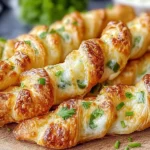 Golden, flaky Jalapeno Popper Twists topped with melted cheese and fresh herbs on a wooden board.