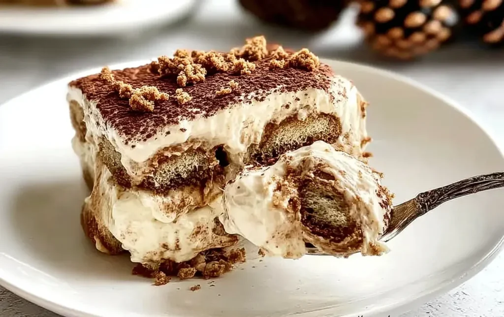 Slice of Gingerbread Tiramisu showing creamy mascarpone layers and spiced gingerbread cookies on a white plate with a spoonful lifted.