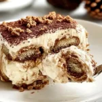 Slice of Gingerbread Tiramisu showing creamy mascarpone layers and spiced gingerbread cookies on a white plate with a spoonful lifted.