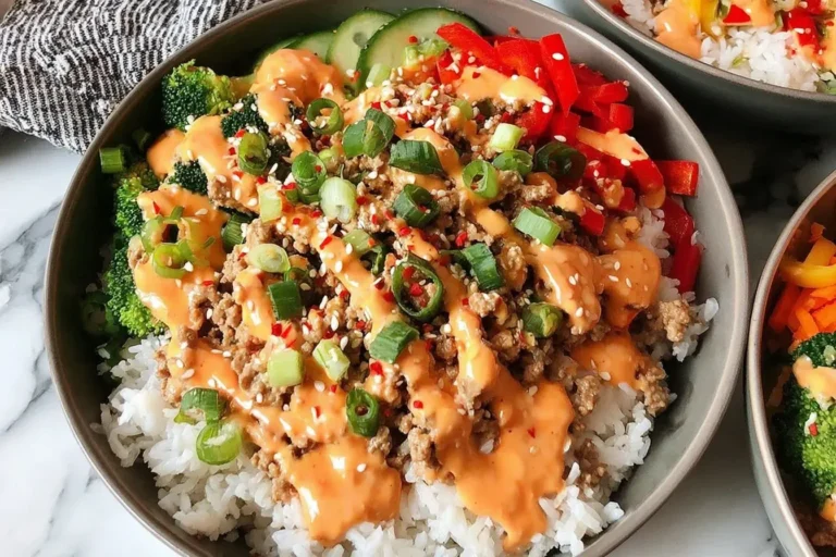 Bang Bang Ground Turkey Rice Bowls topped with creamy bang bang sauce, fresh vegetables, green onions, and sesame seeds over fluffy jasmine rice.