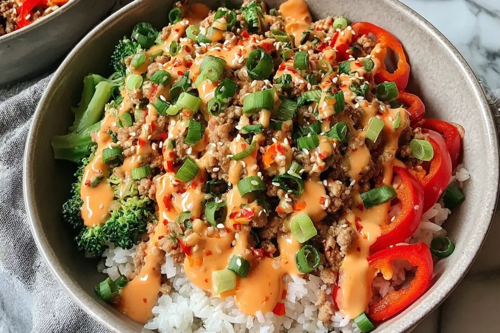 Bang Bang Ground Turkey Rice Bowls with spicy bang bang sauce, fresh red peppers, green onions, and broccoli over fluffy jasmine rice.