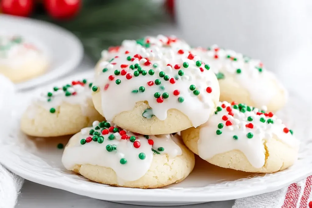 Plate of soft Italian Christmas Cookies topped with white icing and festive red, green, and white sprinkles.