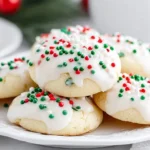 Plate of soft Italian Christmas Cookies topped with white icing and festive red, green, and white sprinkles.