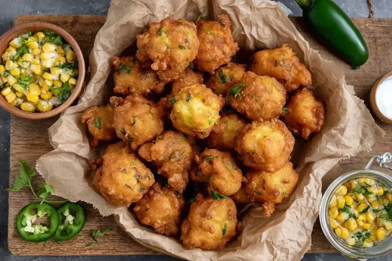 Crispy golden Jalapeno Corn Nuggets served on parchment paper with fresh jalapeños and sweet corn on the side.