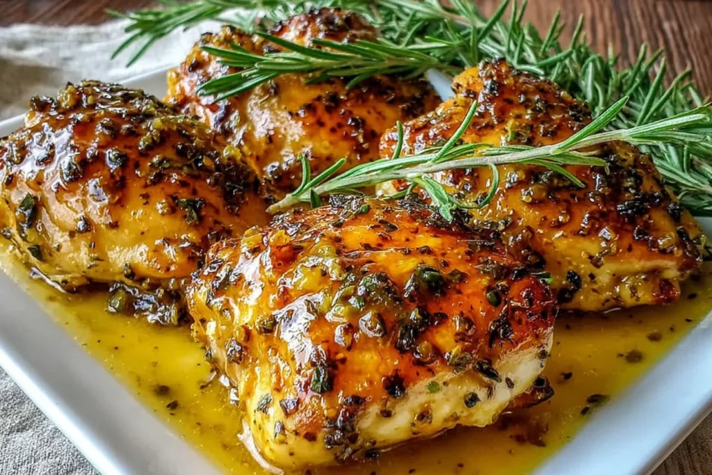 Baked Honey Dijon Chicken with a glossy honey mustard glaze, baked until golden and garnished with fresh rosemary on a white plate