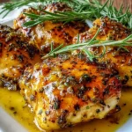 Baked Honey Dijon Chicken with a glossy honey mustard glaze, baked until golden and garnished with fresh rosemary on a white plate