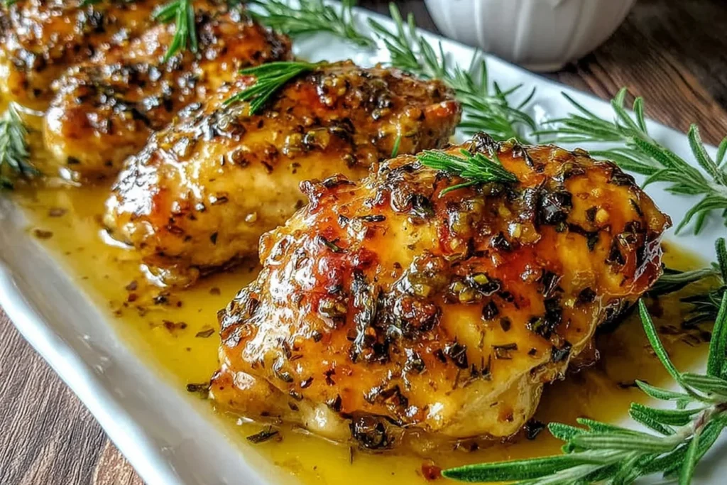 Baked Honey Dijon Chicken breasts baked in a glossy honey mustard sauce, golden and caramelized, garnished with fresh rosemary