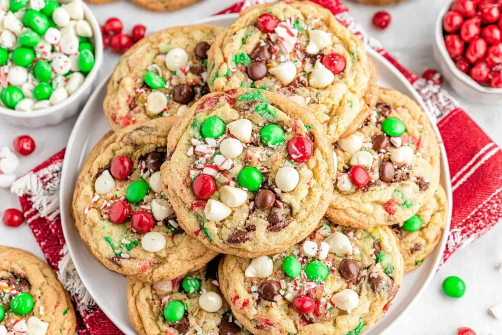 A festive plate of Santa’s Favorite Christmas Cookies topped with red and green M&M’s, white chocolate chips, chocolate chips, and crushed peppermint candy.