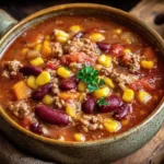 Crockpot Cowboy Soup loaded with ground beef, kidney beans, corn, and tomatoes, served hot in a rustic bowl with fresh herbs.