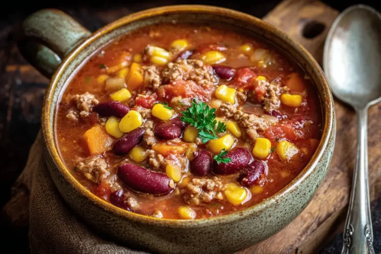 Crockpot Cowboy Soup loaded with ground beef, kidney beans, corn, and tomatoes, served hot in a rustic bowl with fresh herbs.