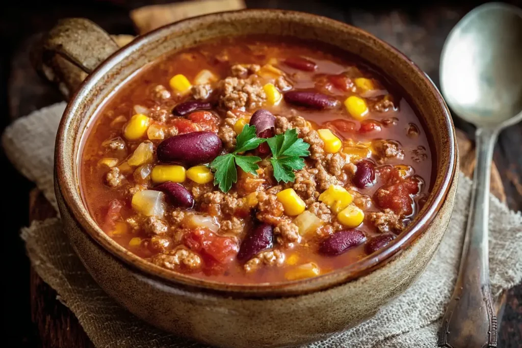 Crockpot Cowboy Soup with ground beef, kidney beans, corn, and tomatoes, slow-cooked and served hot in a rustic ceramic bowl.