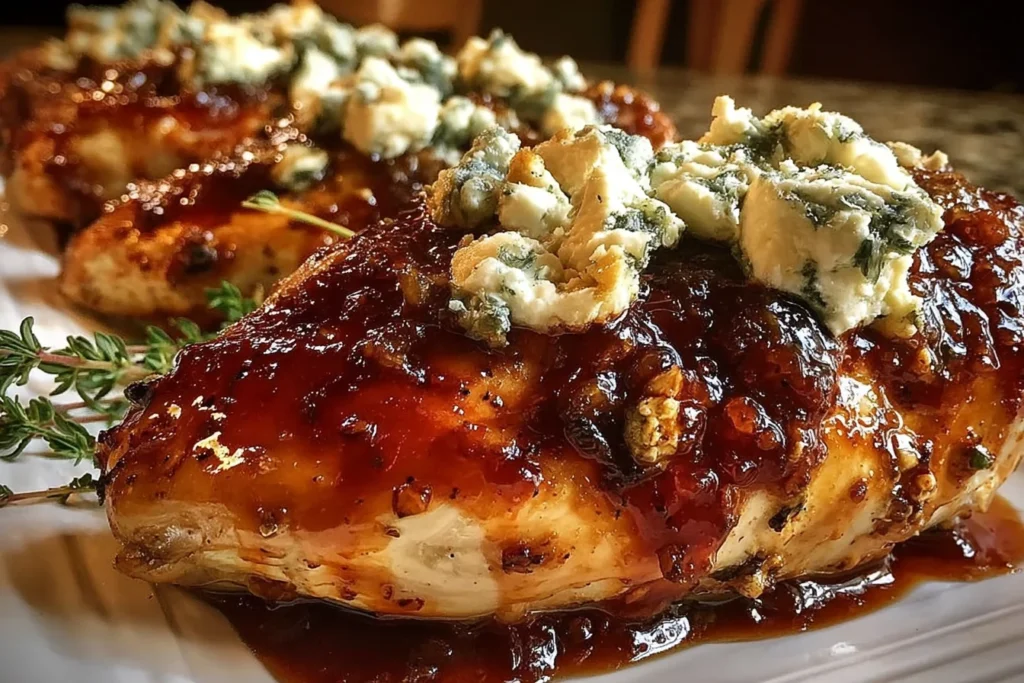 Slow Cooker Chicken with Fig Jam and Goat Cheese topped with rich fig-balsamic sauce, crumbled goat cheese, and thyme on a serving platter.