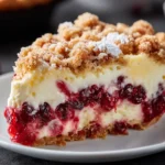Cranberry Cream Cheese Crumb Pie slice with creamy filling, tart cranberry layer, and buttery crumb topping on a white plate.