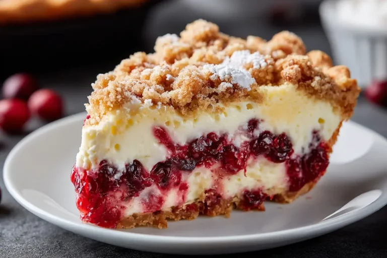 Cranberry Cream Cheese Crumb Pie slice with creamy filling, tart cranberry layer, and buttery crumb topping on a white plate.