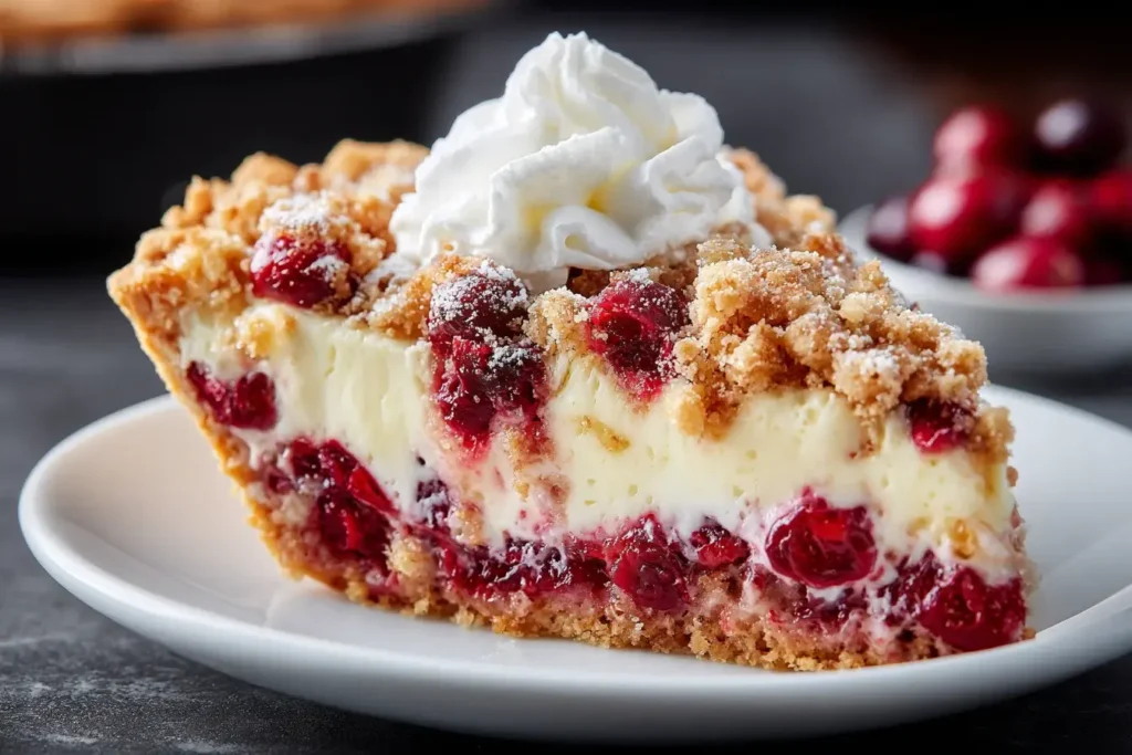 Slice of Cranberry Cream Cheese Crumb Pie topped with whipped cream and a golden crumble, showing creamy filling and bright cranberry layers.