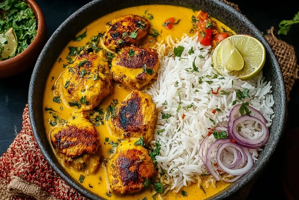 Bowl of Churu Chicken Amarillo with creamy yellow sauce, fluffy white rice, lime wedge, and red onion slices.