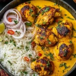 Creamy Churu Chicken Amarillo served with fluffy basmati rice, lime wedges, and fresh herbs in a skillet.