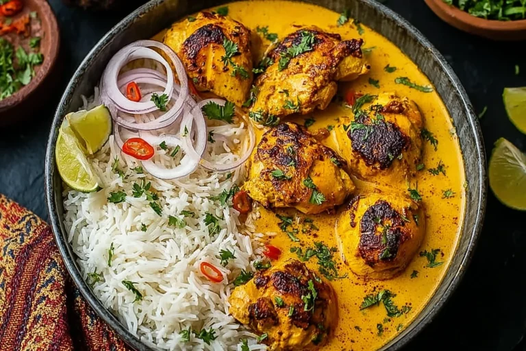 Creamy Churu Chicken Amarillo served with fluffy basmati rice, lime wedges, and fresh herbs in a skillet.