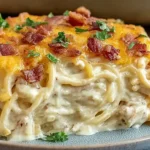 Creamy Southern Spaghetti Bake with bacon and melted cheddar cheese on top