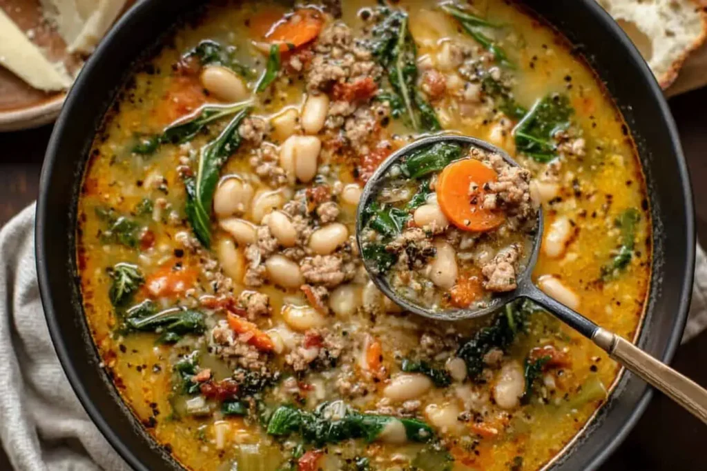 Ladle of Tuscan White Bean Soup lifted from a bowl, showing sausage, carrots, spinach, and white beans.