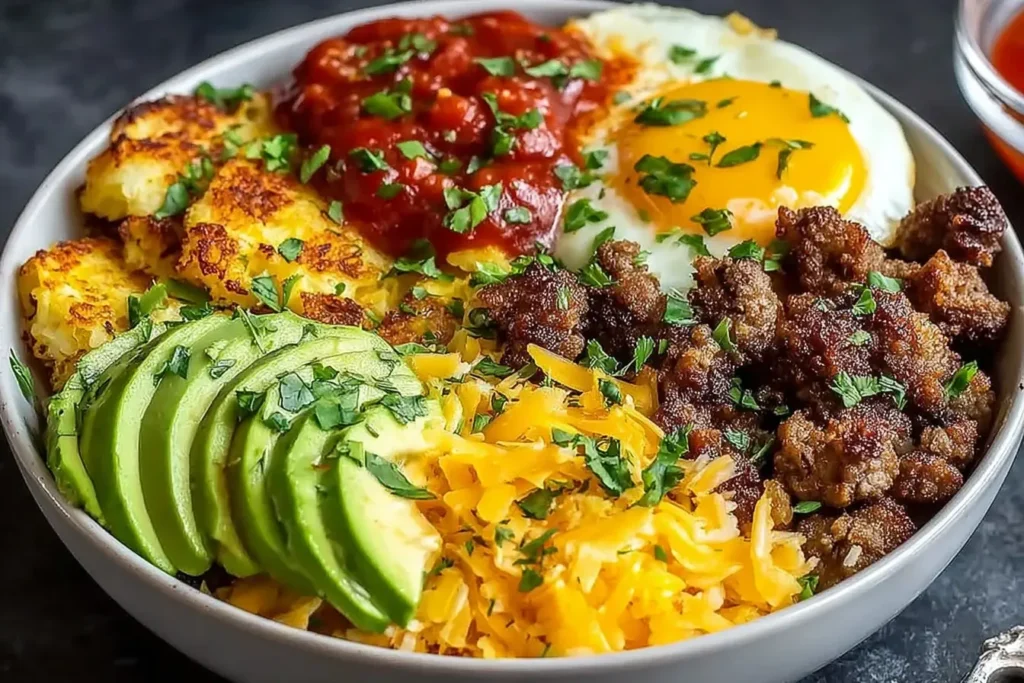Hash Brown Breakfast Bowls filled with crispy hash browns, savory breakfast sausage, melted cheddar cheese, sliced avocado, salsa, and a sunny-side-up egg.