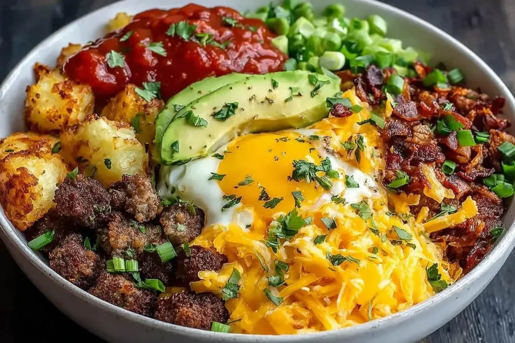 Hash Brown Breakfast Bowls topped with crispy potatoes, sausage, melted cheddar, a runny egg, avocado slices, salsa, and fresh green onions in a hearty breakfast bowl.