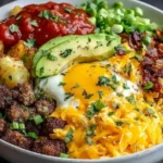 Hash Brown Breakfast Bowls topped with crispy potatoes, sausage, melted cheddar, a runny egg, avocado slices, salsa, and fresh green onions in a hearty breakfast bowl.