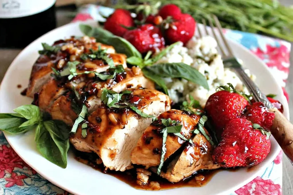 Strawberry Chicken sliced and drizzled with balsamic strawberry glaze, topped with fresh basil, served with strawberries and a creamy side on a white plate.
