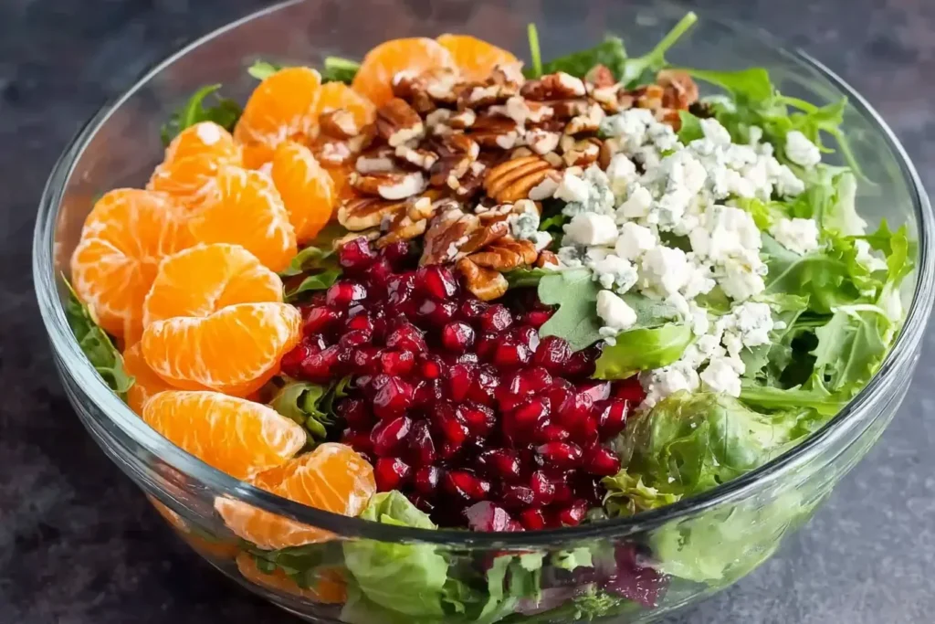 Bright Winter Salad Recipe with leafy greens, mandarin orange slices, pomegranate seeds, candied pecans, and crumbled feta in a clear glass bowl.