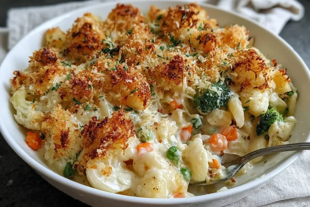 Creamy Winter Vegetable Casserole topped with golden crispy breadcrumbs, featuring broccoli, cauliflower, carrots, and peas in a rich creamy sauce.