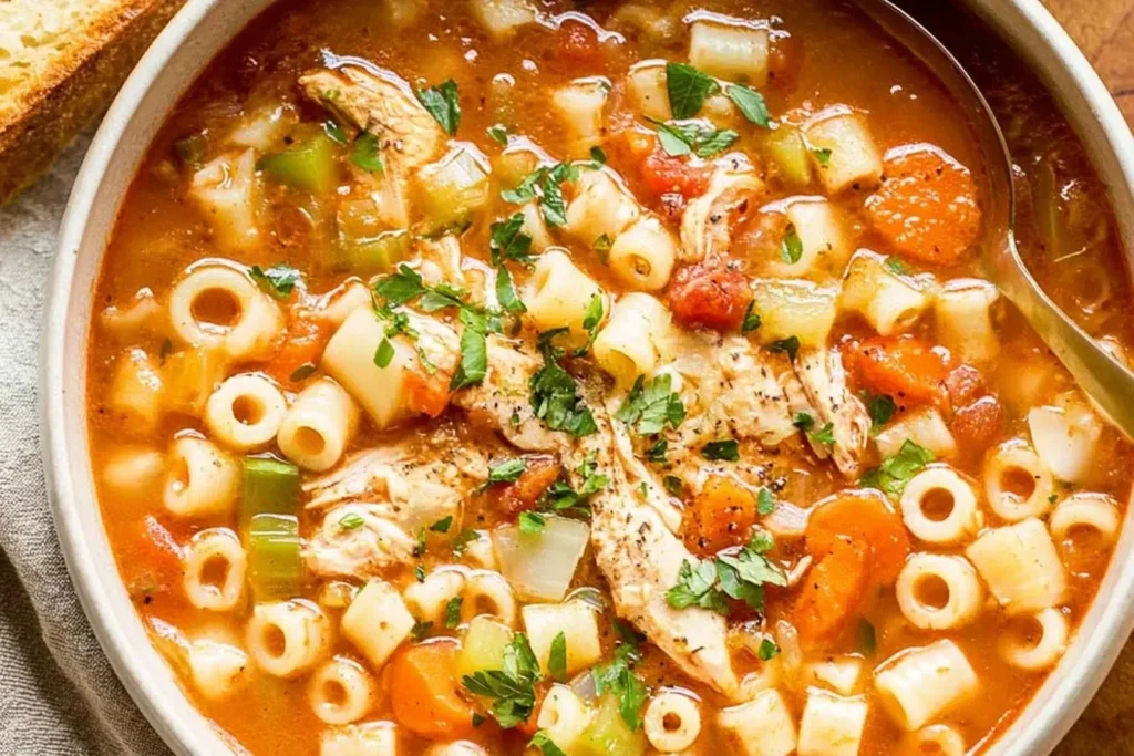 Close-up of hearty Sicilian chicken soup with ditalini pasta, veggies, and tender shredded chicken in a warm bowl