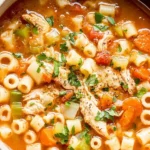 Close-up of hearty Sicilian chicken soup with ditalini pasta, veggies, and tender shredded chicken in a warm bowl